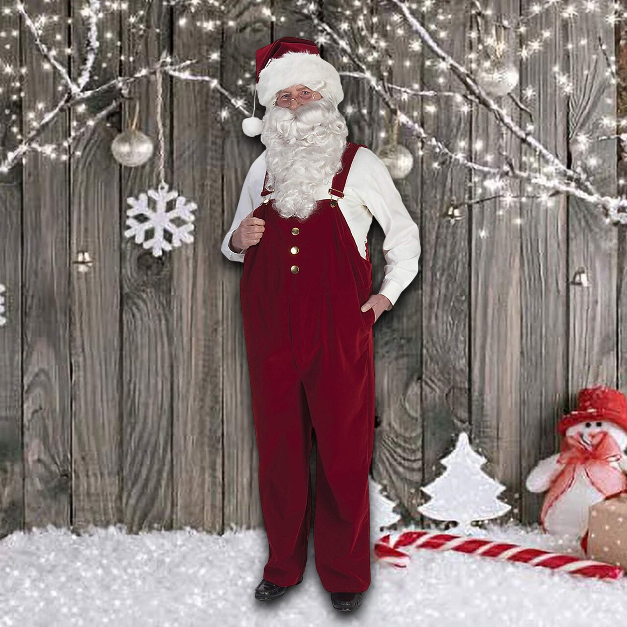 Burgundy Velvet Santa Overalls with Decorative Buckles, XL Size Christmas Costume Piece